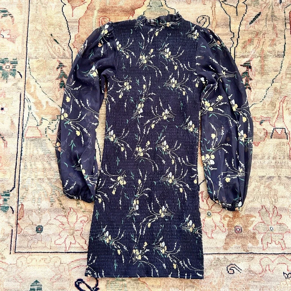 Floral O Vianca Mini Dress Black Smocked Bodycon bodice Sheer Sleeves Sz S